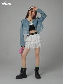 Áo thun nữ CHUU cổ bèo, dáng petite, ôm slim fit, phối ren, tay dài, lớp mặc trong mùa thu - màu đen - Xem 2