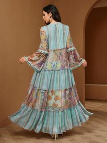 Bohemian Paisley Print Long Sleeve Arabian Dress, V-Neck And Pom Pom Trim Detail - Mint Green - View 2