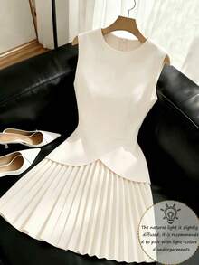 2026 Summer Sleeveless Dress, Round Neck Cinched Cinched Waist Pleated Mini Dress Elegant - White - View 1
