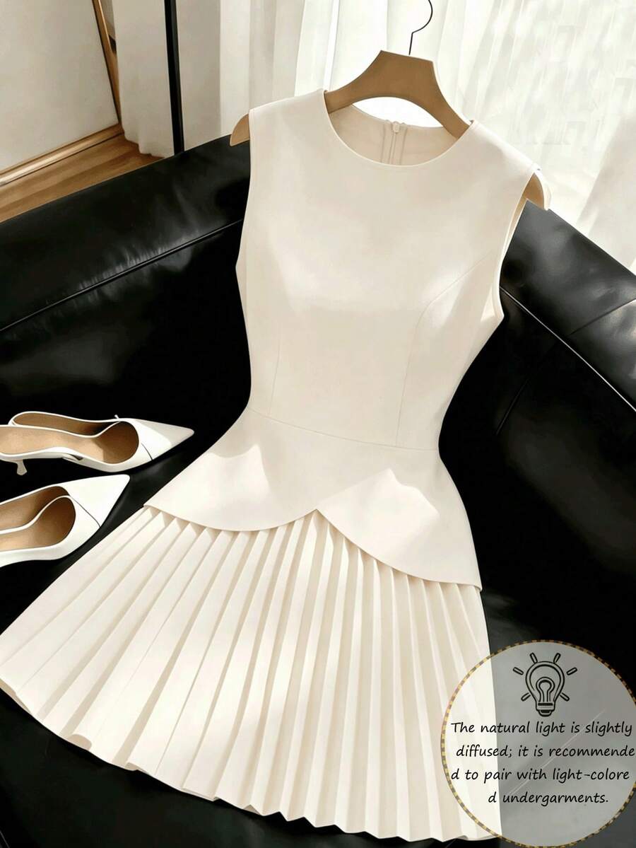 2026 Summer Sleeveless Dress, Round Neck Cinched Cinched Waist Pleated Mini Dress Elegant - White - View 1