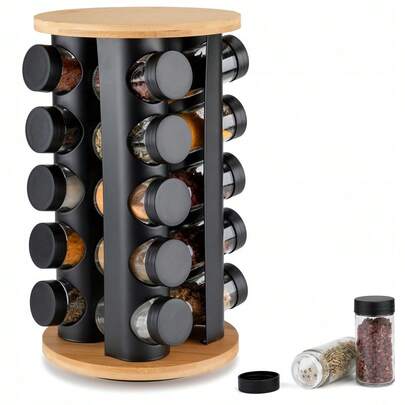 16/20 Jar 360° Rotating Spice Rack Organizer, Glass Seasoning Jar Set With Carousel Stand, Space-Saving Countertop Spice Holder, Kitchen Herb & Spice Storage Rack