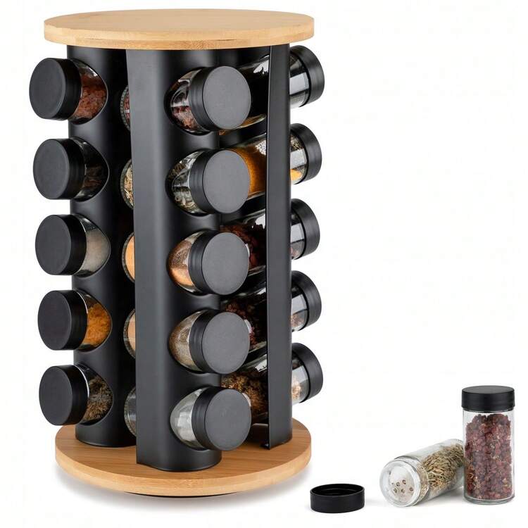 16/20 Jar 360° Rotating Spice Rack Organizer, Glass Seasoning Jar Set With Carousel Stand, Space-Saving Countertop Spice Holder, Kitchen Herb & Spice Storage Rack - Black - View 1
