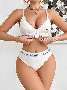 Conjunto de sujetador inalámbrico para damas con cierre delantero y estampado de letras - Blanco - Ver 2