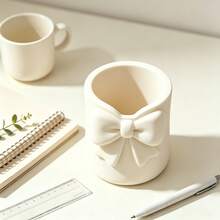 2pcs Cream Style Bow Mini Toothbrush Holder, Cute Desktop Storage Box, Multi-Functional Toothbrush & Toothpaste Rack, Mini Vase Small Potted Plant Decor, Bathroom Vanity Desktop Storage, Dorm Home Decor, Makeup Brush Holder - Upgraded Version - View 1