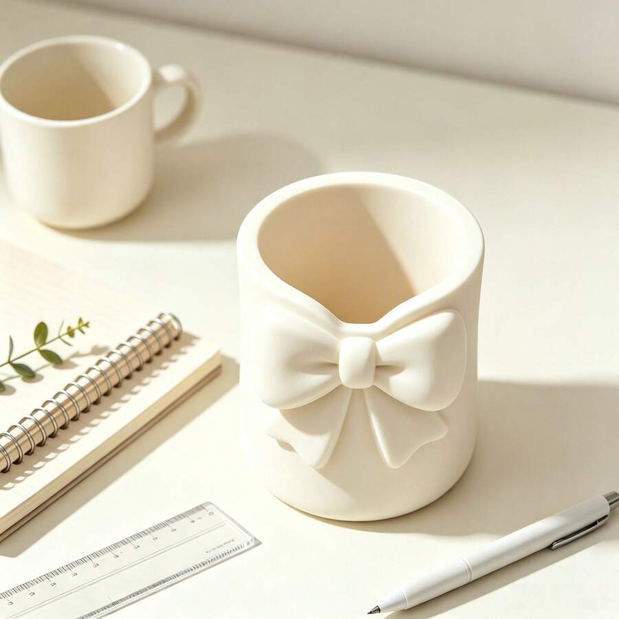 2pcs Cream Style Bow Mini Toothbrush Holder, Cute Desktop Storage Box, Multi-Functional Toothbrush & Toothpaste Rack, Mini Vase Small Potted Plant Decor, Bathroom Vanity Desktop Storage, Dorm Home Decor, Makeup Brush Holder - Upgraded Version - View 1
