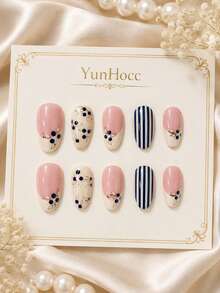 10Pcs Short Almond Handmade Press‑On Nails, Mixed Nude & Cream Base Design, Hand‑Painted Blueberry Floral Print + Blue‑White Vertical Stripes, Fresh Summer Minimalist Reusable False Nail Set For Daily Wear & Dates - Follow Your Heart - View 3