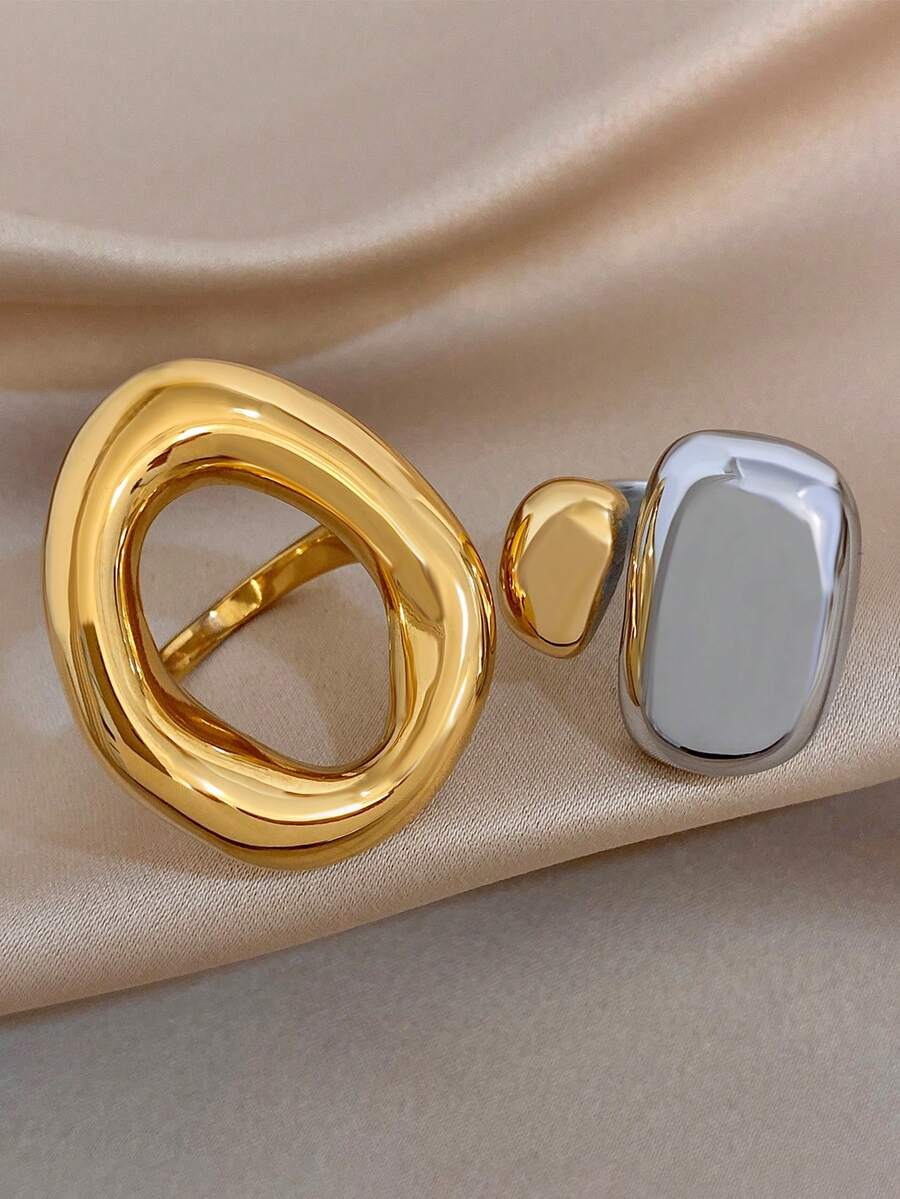1Pc/Set Irregular Hollow Oval Gold Ring Two-Tone Curved Open Ring Set,Stainless Steel Jewelry For Women,Party,Daily,Birthday Gifts,Halloween,Boho/Y2K - Multicolor - View 1