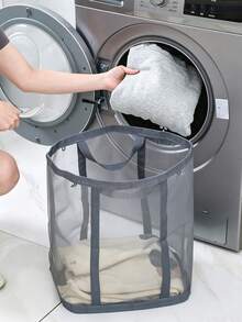 1pc Minimalist Laundry Basket, Breathable Mesh Fabric With Reinforced Handle Detail, Foldable Wall-Mounted Large Capacity Storage, Laundry Basket Bathroom Accessory, Suitable For Bathroom, Room Decor, Home Bathroom And Bedroom Daily Use - Multicolor - View 9