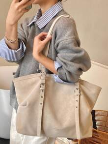 Large Capacity Tote Bag, Retro Style Faux Leather Handbag With Front Pocket For Work & Travel - Beige - View 8