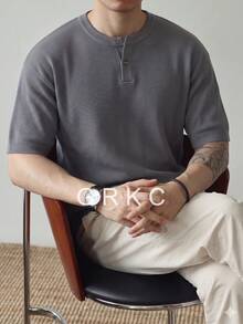 GRKC Men's Unisex Round Neck Knit Short Sleeve Slim Fit Casual Versatile Commute Spring Summer Top - Grey - View 3
