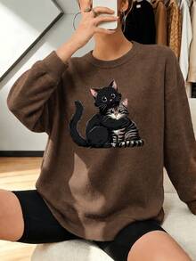 Plus Size Women's Cute Cat Print, Unique Casual Long Sleeve Sweater, Suitable For Autumn/Winter Daily Wear, Perfect Gift For Pet Lovers - Coffee Brown - View 11