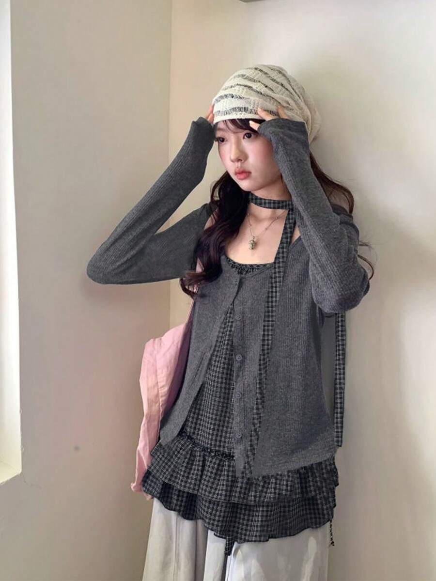 韓式溫柔優雅修身格紋細肩帶背心與開襟衫兩件式上衣套裝 女款 春季新品