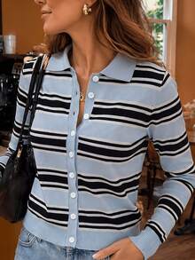 Yepolly-Pop Women's Autumn Polo Collar Long Sleeve Button Front Striped Knit Top, Slim Fit Light Blue, Vintage Casual School Business Outfit - Multicolor - View 3