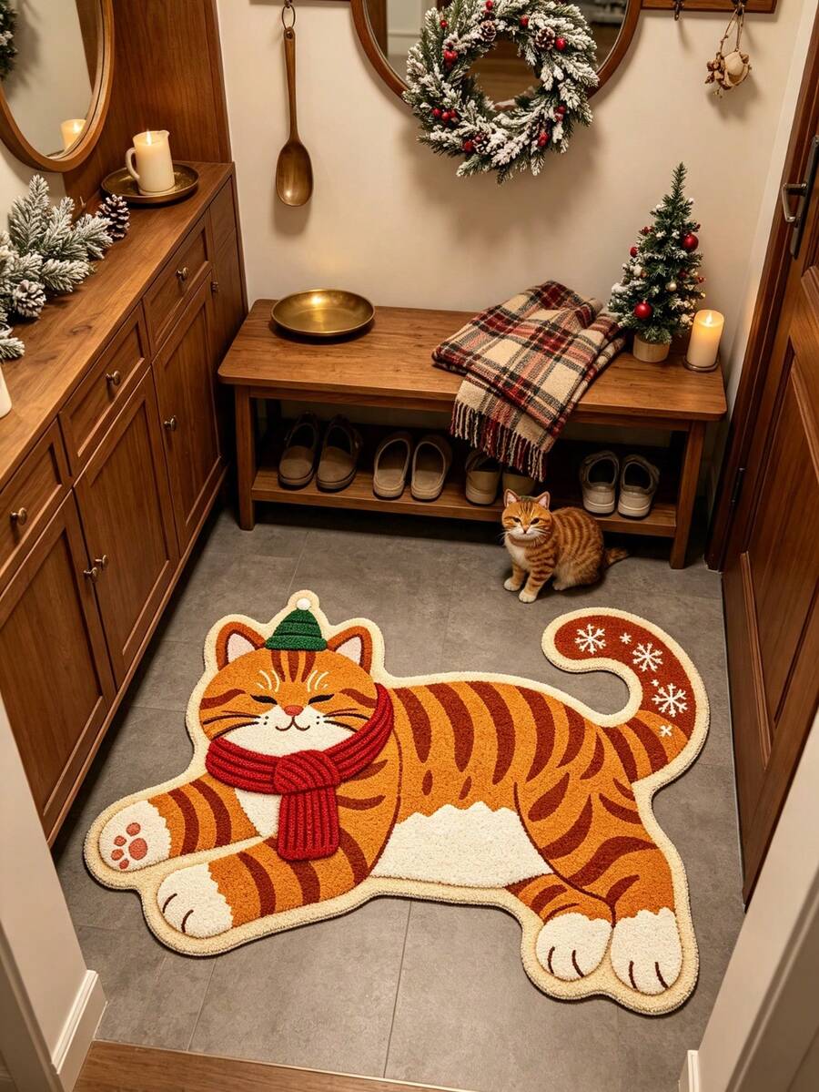 1pc Yellow Cat Pattern Doormat, Christmas Gift, Doormat, Small Rug, Welcome Mat, Carpet, Floor Mat, Outdoor Doormat, Kitchen Rug, Home Decor, Front Door Mat, Area Rug, Outdoor Mat - Multicolor - View 1