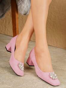 AMROUO 2026 New Elegant Suede Square Toe 4.5cm Block Heel Pumps With Rhinestone Flower Buckle Decor, Soft And Comfortable, Fashion Women's Shoes For Dress, Formal, Date, Commute, Party And Multi-Occasion Wear - Baby Pink - View 2