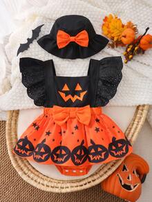 Infant Girls Halloween Outfit Set, Lace Trim Flutter Sleeve Pumpkin Ghost Face Star Print Bodysuit With Bow Decorated Hat, 2 Pieces Summer Set - Multicolor - View 3