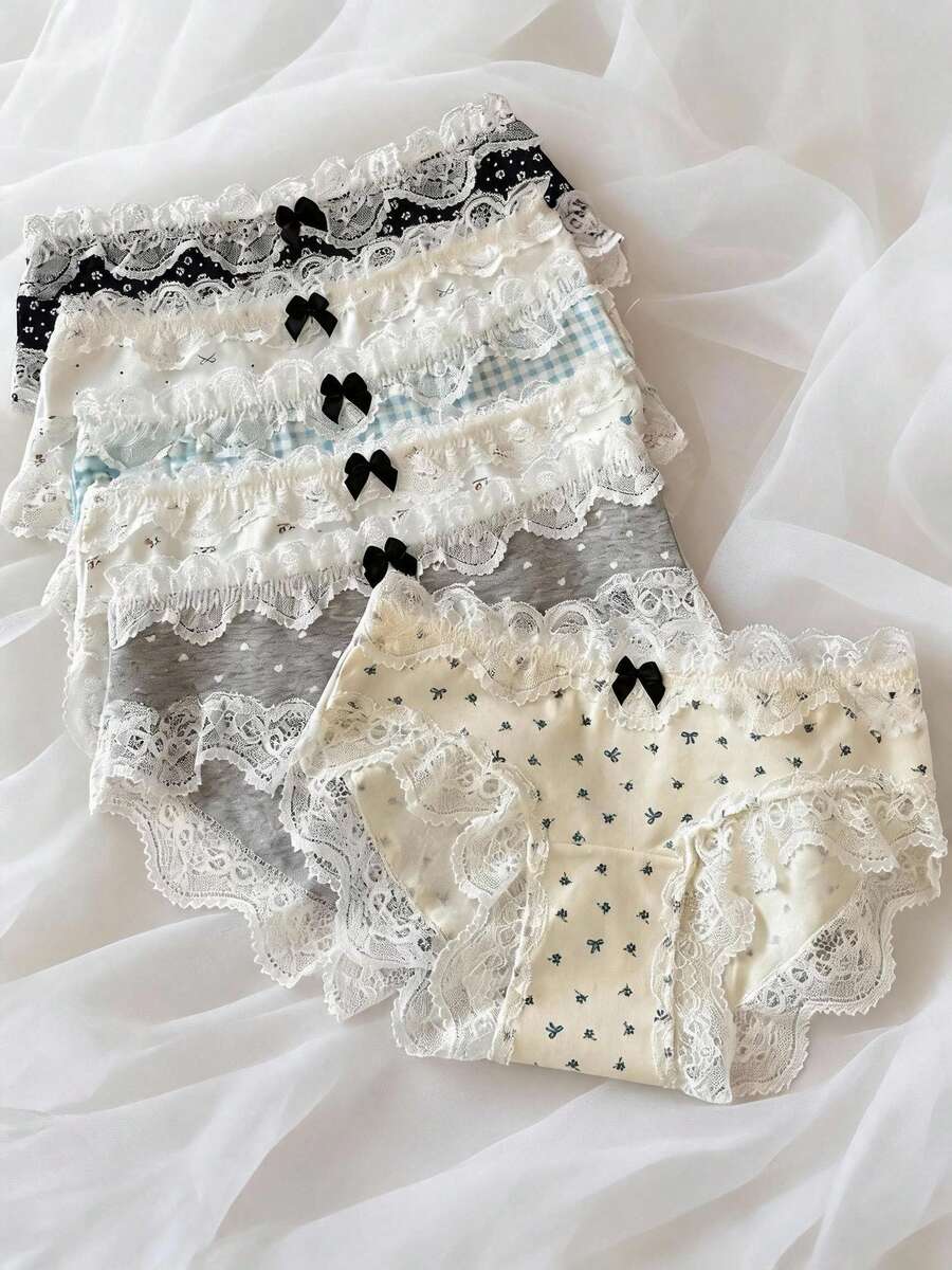 Mystèrelle 6件組可愛日系格紋波點花朵蕾絲飾邊甜美女款內褲,軟妹風 - 彩色 - 查看 1