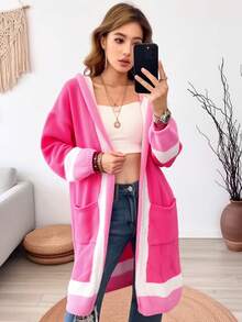 Elegant European & American College Style Plus Size Women's Knit Hooded Cardigan, Buttonless Open Front Pink Fall - Pink - View 3