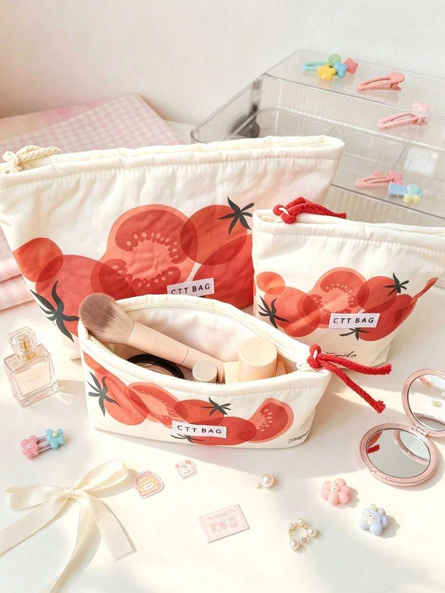 Cute Fruit Tomato Makeup Bag Multi Size Makeup Storage Bag Handbag Portable Zipper Storage Bag Wallet Card Bag - Multicolor - View 1