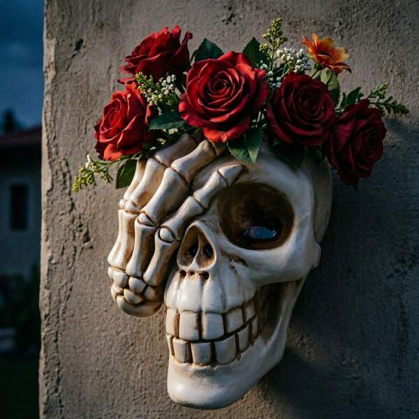 Halloween Wall Mounted Skull Planter, Resin Gothic Skeleton Head Flower Pot For Outdoor Villa Garden, Spooky Yard Art Decor