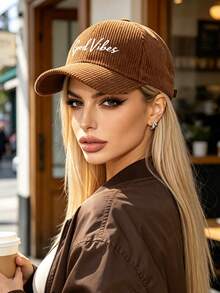 1pc/2pcs Vintage Corduroy Baseball Cap For Women, Printed With "Good Vibes" Letter, Adjustable Strap, Spring/Autumn Street Style Hat - Multicolor - View 5