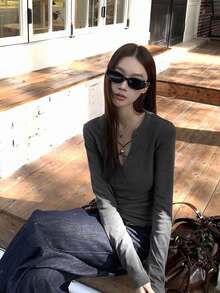 Women's New Autumn/Winter Fitted Long Sleeve T-Shirt, Grey Base Layer Top, Sexy Style - Grey - View 5