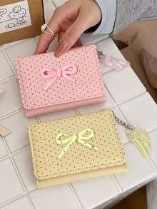 Cute Polka Dot 3-Fold Wallet With Bow Decor,Star Wing Charm,Portable Coin Purse & Card Holder,Compact Women's Short Purse,Daily Card Organizer - Multicolor - View 6
