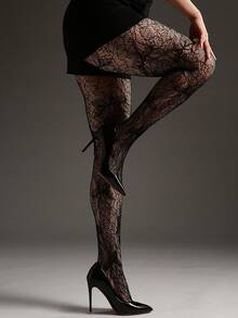 1 Pair Curve Tights Elastic Fishnet Hollow-Out Jacquard Pantyhose Women's Fashion Sexy Black Stockings Vintage Gothic Style Versatile Leggings Halloween Outfit Y2K - Black - View 2