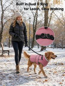 Dog Winter Coat, Thickened Warm Fleece Lining, Adjustable Pet Vest With Reflective Strip, Built-In Collar D-Ring, Outdoor Medium To Large Dog Jacket - Coral Pink - View 3