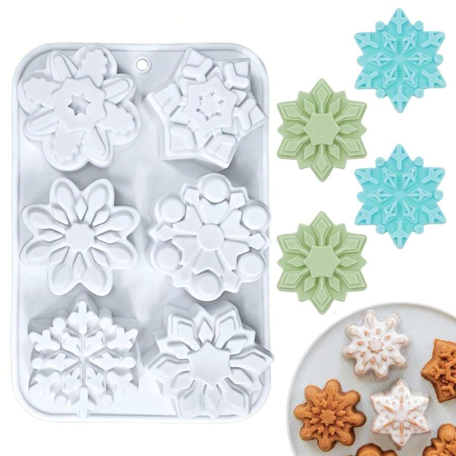 Cetakan Silikon Bentuk Kepingan Salju untuk Dekorasi Kue Cokelat Permen Natal, Loyang Kue Anti Lengket, Cetakan Fondant Sabun DIY, Warna Putih