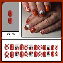 24 Peças Unhas Postiças Quadradas Fofas Vermelhas Curtas com Estampa de Abóbora e Grade, Unhas para o Dia de Ação de Graças - Multicolorido - Visão 3