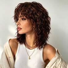 Natural Messy Medium-Long Curly Wavy Wig In Black And Brown, Heat-Resistant Synthetic Fiber, Suitable For Daily Wear, Parties And Halloween, With Bangs - Multicolor - View 3