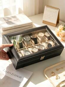 Kotak Penyimpanan Jam Tangan PU yang Dapat Dikunci dengan 1/2/3 Slot, Kacamata, Perhiasan, dan Organizer Jam Tangan - Grey - View 2