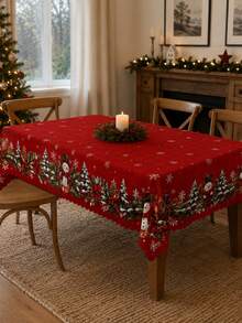 1pc Red Snowman Christmas Tablecloth, Holiday Polyester Rectangular Tablecloth, Printed With Snowflakes, Pine Tree Wreath, Holly Berries And Border Pattern, Suitable For Kitchen Decor, Home Decor, Room Decor, Christmas Home Decor And Classroom Decor - Multicolor - View 17