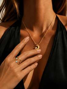VceTd 3PCS Minimalist Fashion Style Stainless Steel Pendant Necklace With Moon Charm And Colorful Enamel Open Ring Jewelry Set For Women, Suitable For Evening Wear - Yellow Gold - View 3