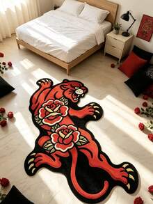 1pc Vintage American Red Leopard Design, Red Blood Rose Pattern Carpet, Faux Cashmere 300 Material. Doormat, Small Rug, Welcome Mat, Carpet, Floor Mat, Outdoor Doormat, Kitchen Rug - Red - View 2