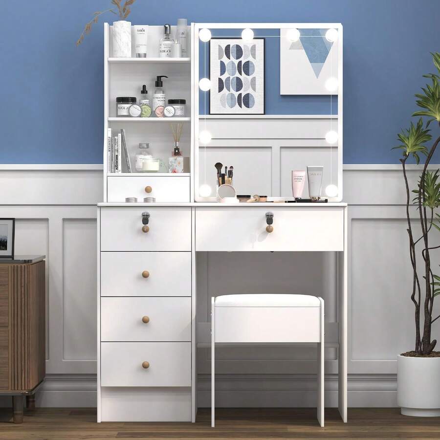 Teousev Dressing Table With LED Lights Mirror & Stool, Vanity Makeup Table With 5 Drawers, Open Storage Shelves, 3 Colour Adjustable Light, Lockable Drawers, White Cosmetic Desk For Bedroom - White - View 1