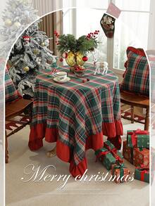 1pc Christmas Green Plaid Tablecloth With Red Ruffle Trim, Holiday Dining Table Cover For Christmas Home Decor - Green - View 2