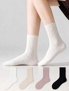 ZUJO 4 Pairs Women's Mid-Calf Socks, Solid Color With Cable Knit Texture, Suitable For Autumn/Winter Daily Wear, Minimalist And Comfortable, Suitable For 5-15°C, Random Color - Multicolor - View 2