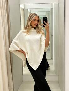Women's Solid Color Loose Elegant Fashion Knit Shawl, All-Season Fabric, Versatile Fashion Accessory - Oyster White - View 5