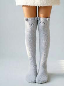1 Pair Cartoon Pattern Knee-High Socks, Coral Fleece Long Tube Socks, Women's Thickened High-Top Socks - Multicolor - View 5