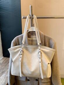 Large Capacity Tote Bag, Retro Style Faux Leather Handbag With Front Pocket For Work & Travel - Beige - View 4