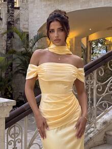 Basrey Women's Elegant Cream Yellow Long Cocktail Dress, Strapless Backless Design With Pleats And Tie Details, Suitable For Evening Gown, Formal Occasions And Weddings - Creamy Yellow - View 6