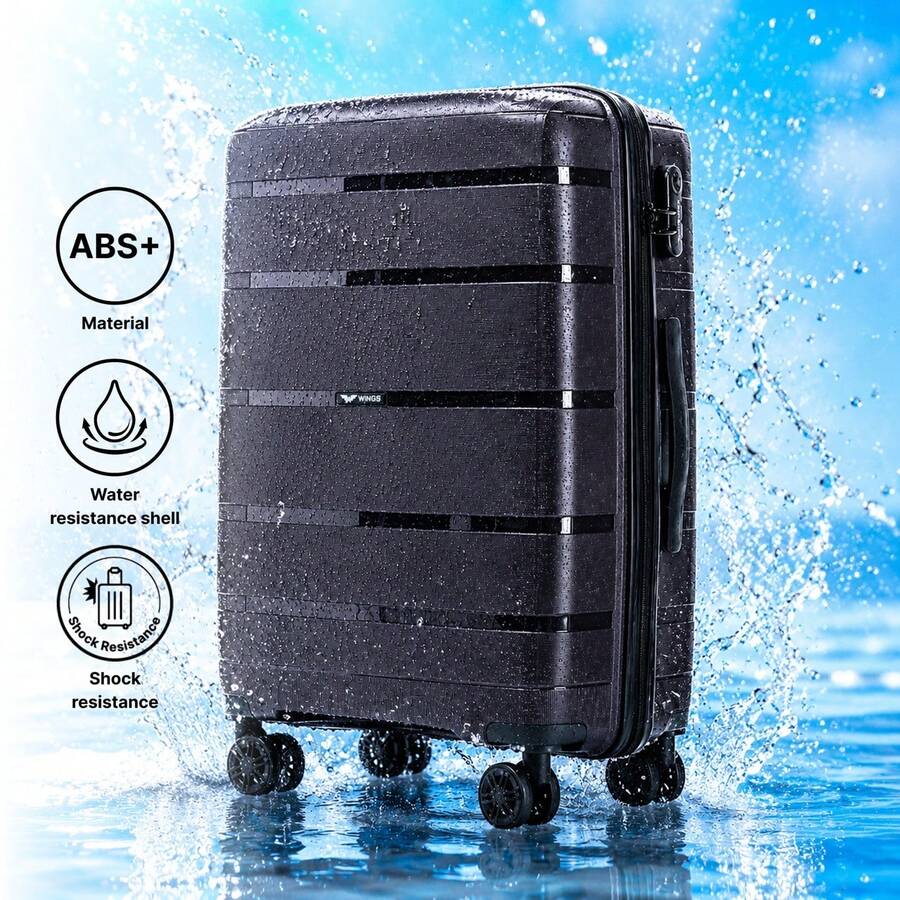 W WINGS مجموعة حقائب سفر 3 قطع (20 بوصة، 24 بوصة، 28 بوصة) | حقيبة صلبة من ABS، قفل مركب، مقبض تلسكوبي، عجلات دوارة 360 درجة - الأسود - مشاهدة 1