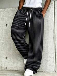 Straight Leg Men's Vertical Stripe Casual Elastic Waist Long Pants - Black - View 2