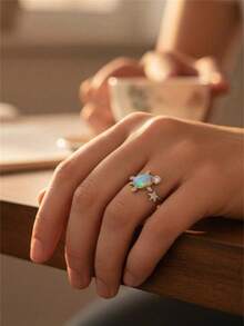 Fantasy Sparkling Opal Turtle & Star Separable Ring, Silver Plated Rhinestone Zirconia Open Adjustable Finger Ring, Minimalist Ocean & Sky Theme Jewelry - White - View 6