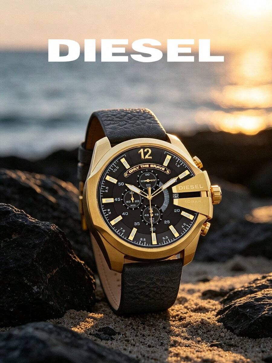 Diesel Mega Chief Men's Black & Gold Watch, Large Chronograph Quartz Wristwatch, Round Dial, Date Function, DZ4344 - Black - View 1