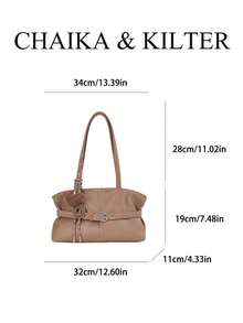 CHAIKA & KILTER 1pc Solid Color PU Fabric Tote Bag, Women's Vintage Fashion Shoulder Tote Bag, Dual Handle Design, Zipper Closure, Strap Decoration, Suitable For Daily And Outing Use (Sold With Pendant) - Khaki - View 3