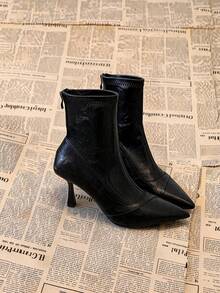 Sepatu Bot Ankle Hak Tinggi Stiletto Ujung Lancip Modis, Sepatu Bot Klasik Amerika Model Baru Musim Gugur/Dingin dengan Resleting Belakang - Hitam - View 2