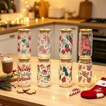Christmas Themed Printed Glass Cup Set / Paired With Bamboo Lid. Glass Straw, Stainless Steel Straw Brush. Multiple Fun Holiday Patterns, Transparent Cup Body With Excellent Texture, Suitable For Cold Drinks, Juice, Coffee, Home Use, Holiday Gifts, Party Use, Perfect For Decorating The Atmosphere Of Winter Time. - Multicolor - View 10
